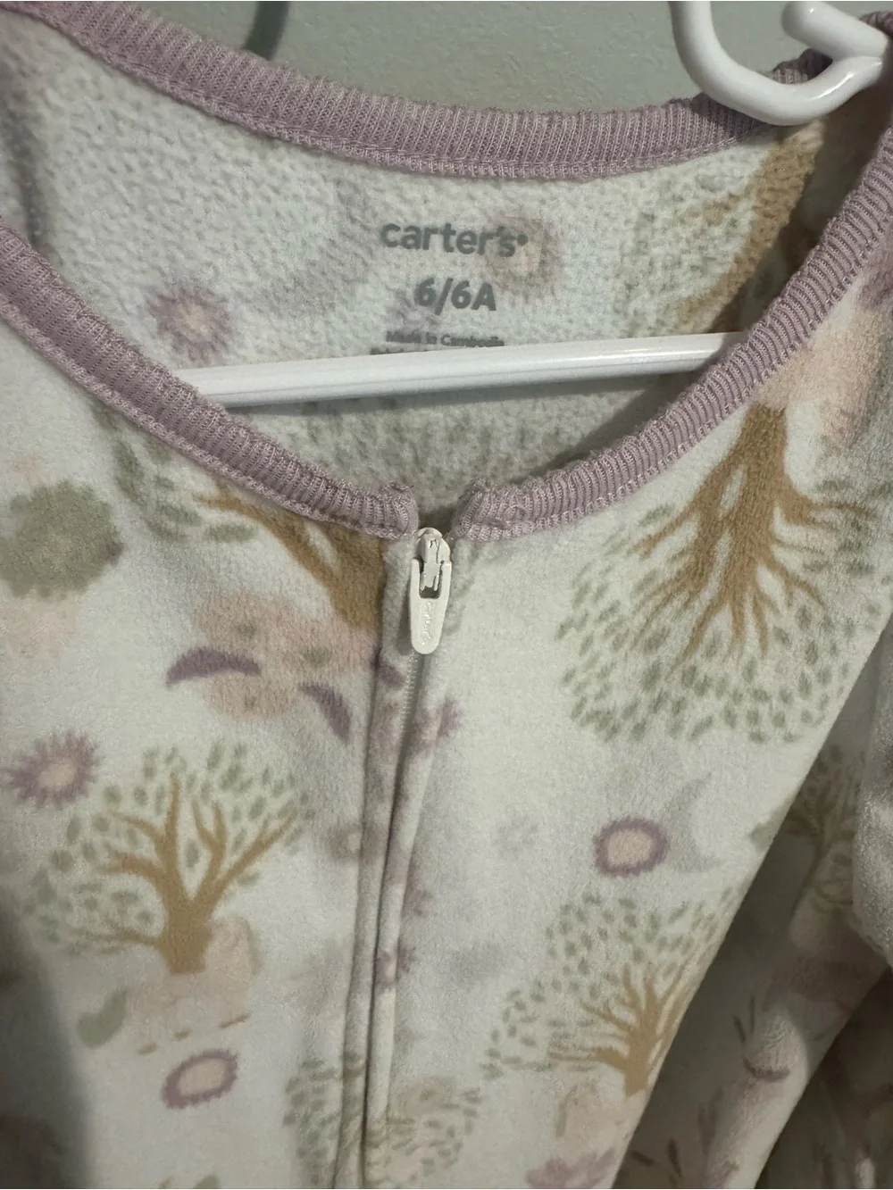Girls size 6-Carter's Cream Footed One-Piece with Purple and Tan Woodland Print